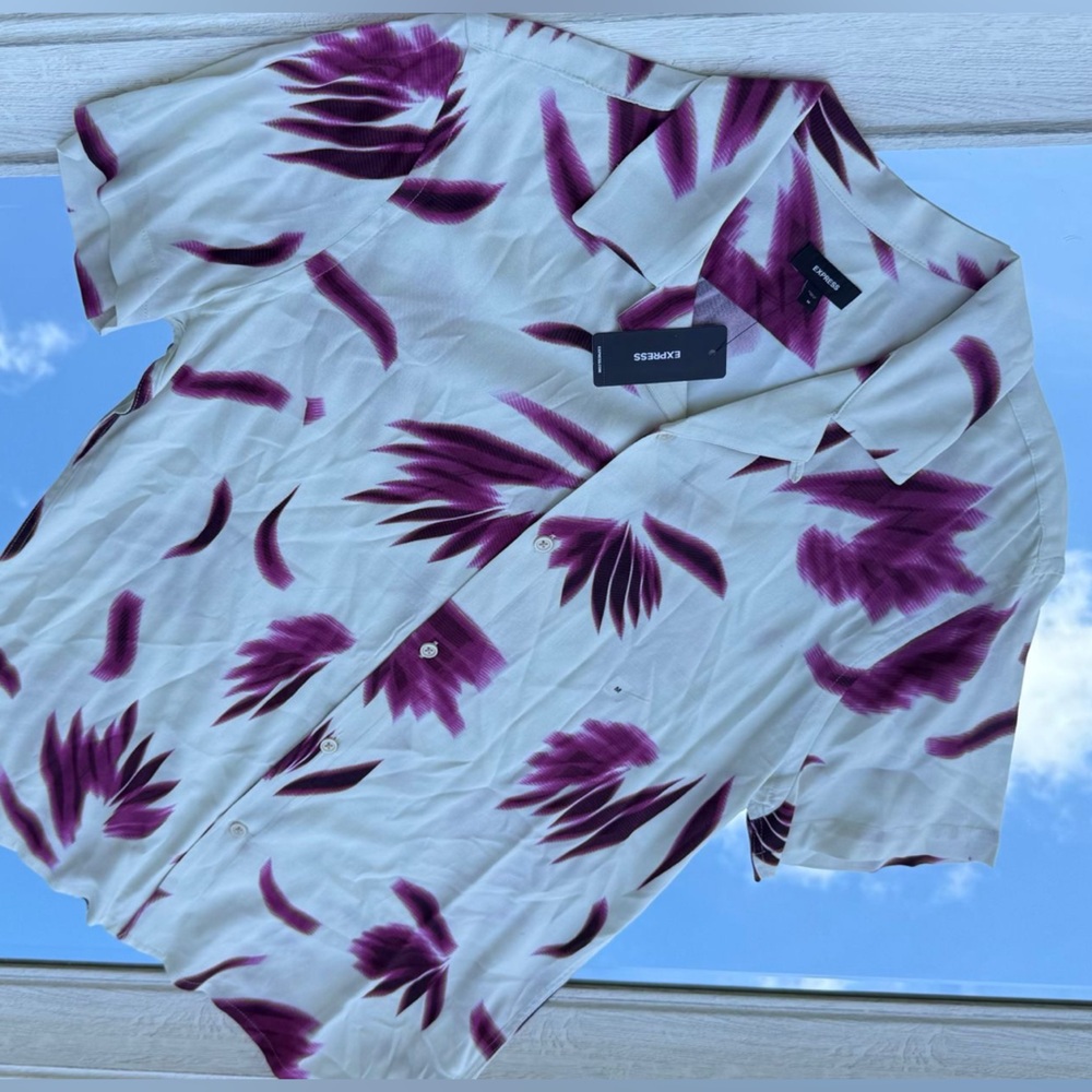 Express Men's Casual Button Down Shirt - White and Purple